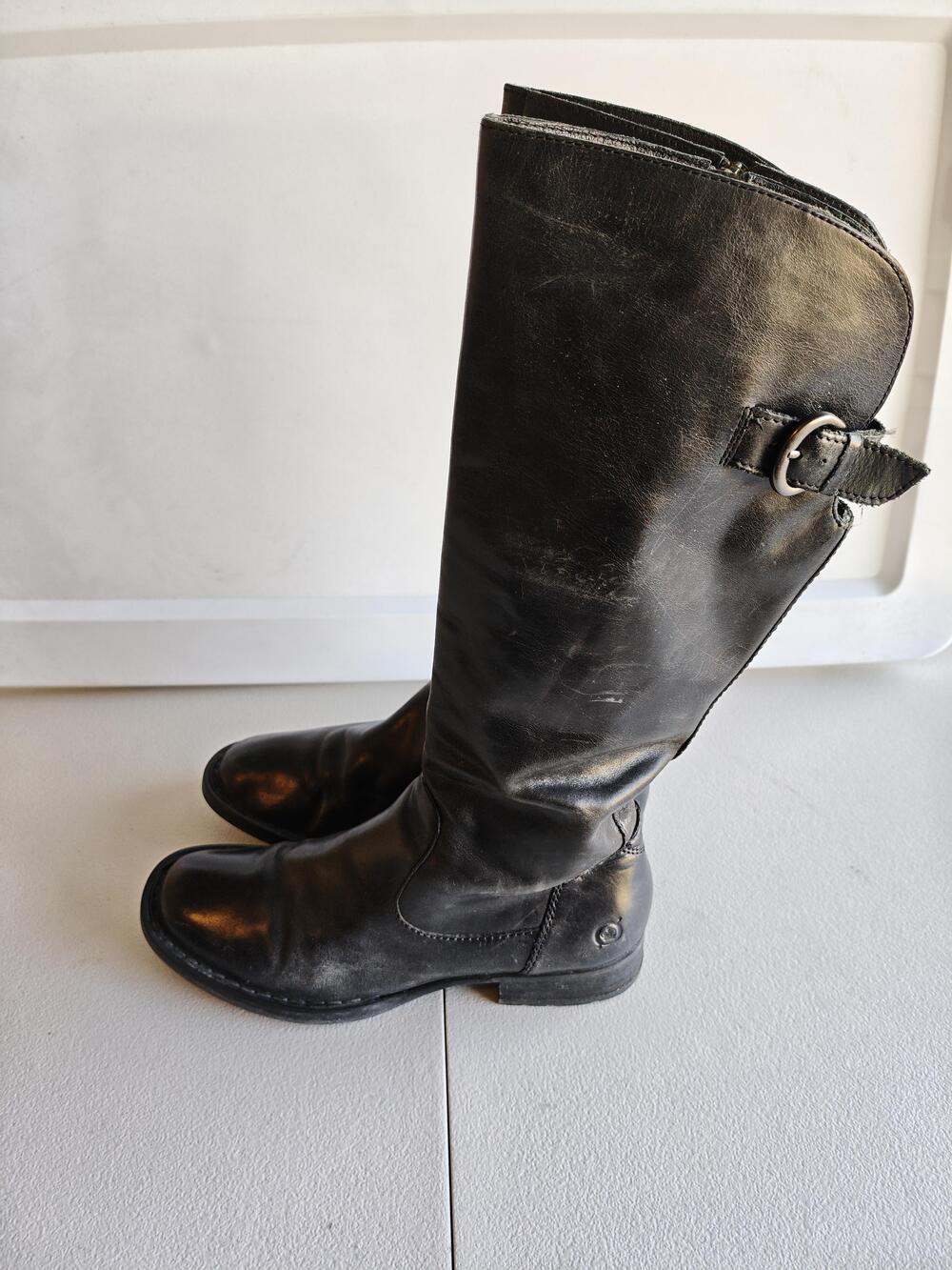 Born Boots Womens Size 6 Black Leather Riding Knee High Zip Plaid Lined Tall